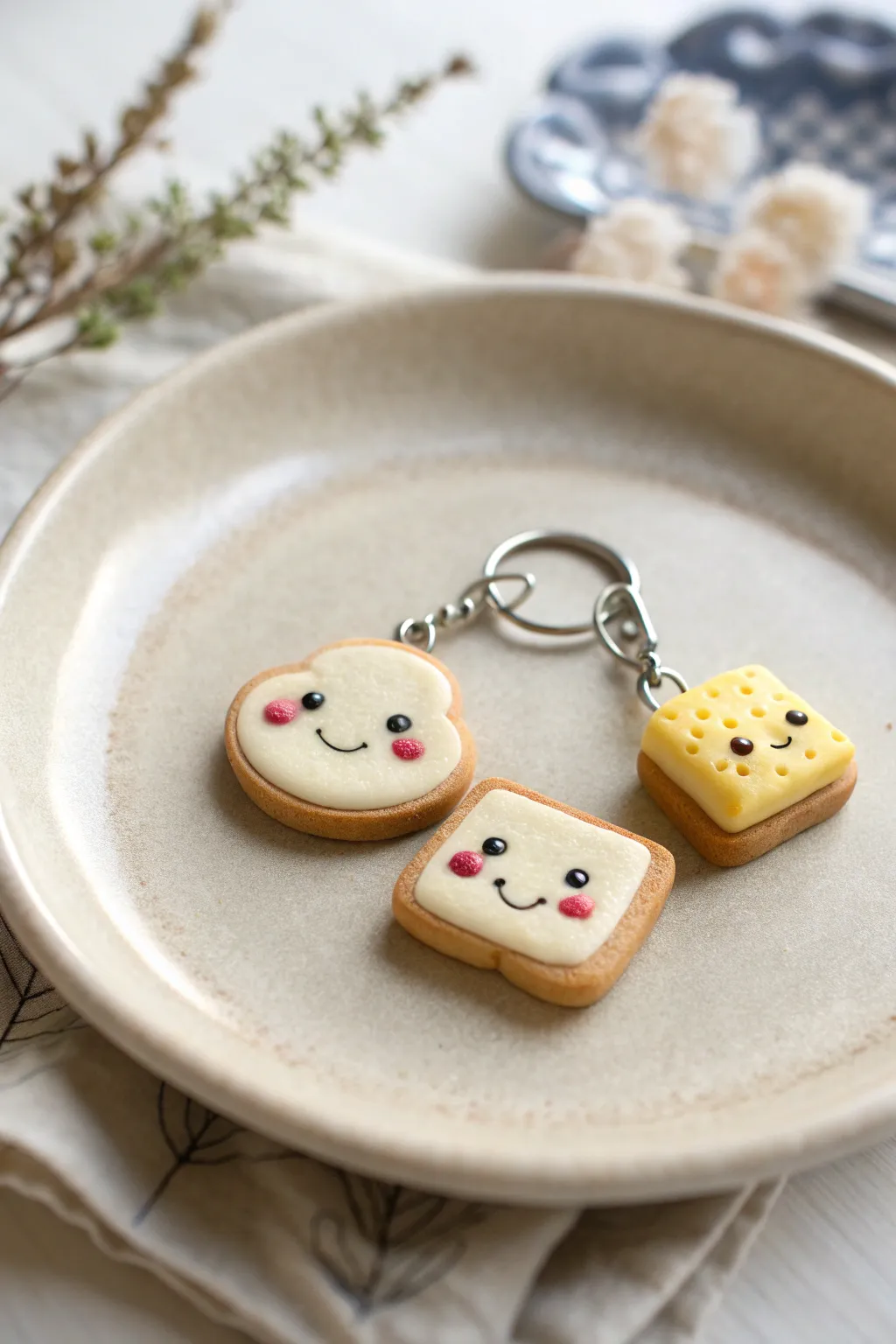 Sweet smiling toast and butter polymer clay charms, minimalist styling with cozy boho warmth.