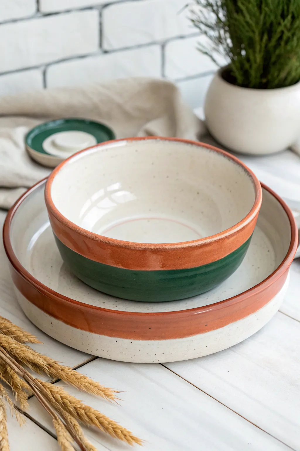 Bold painted rim, clean open basin, and a coordinating dip well for a modern chip and dip bowl