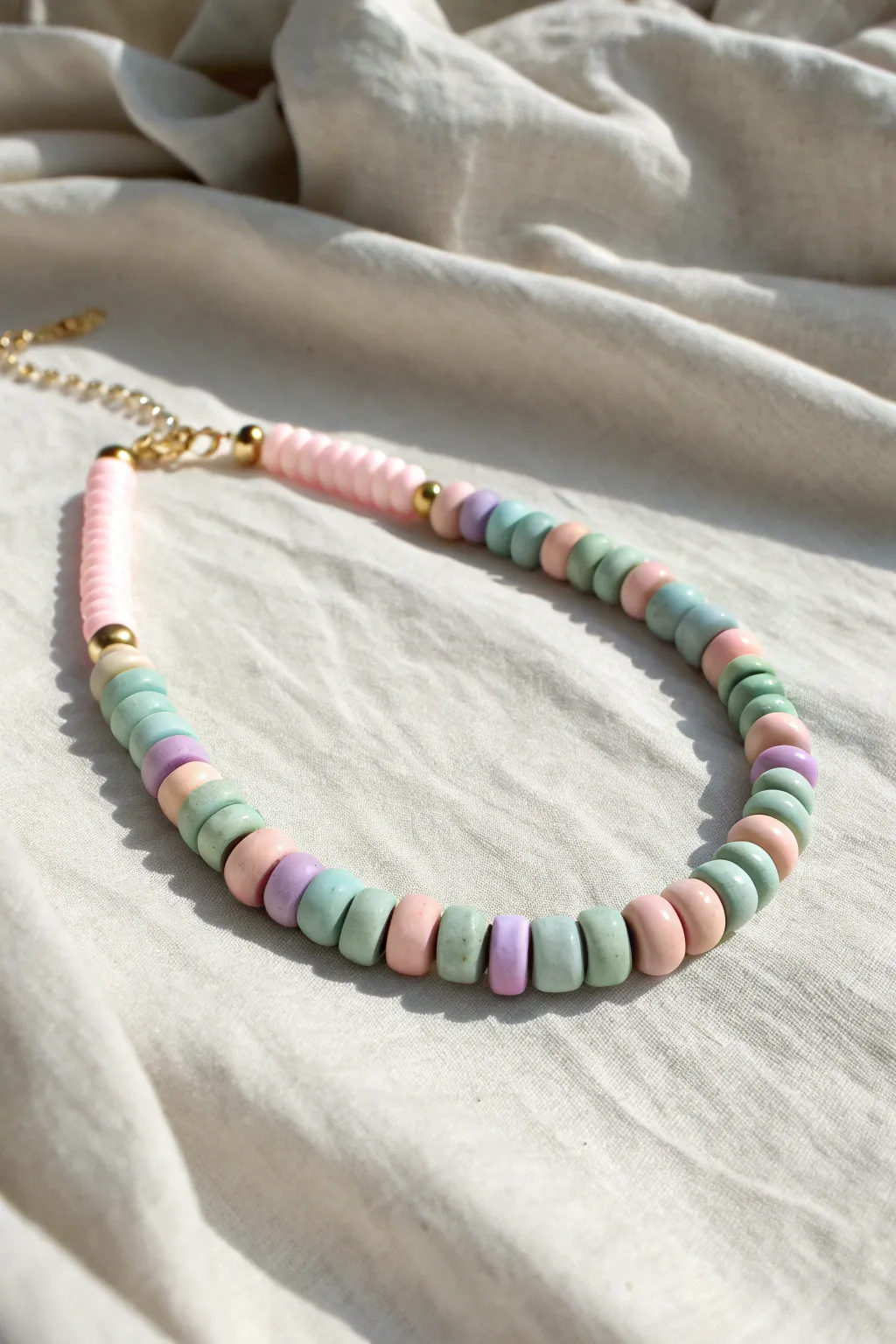 Soft pastel color-block clay bead choker on linen, minimalist boho style and easy DIY inspo