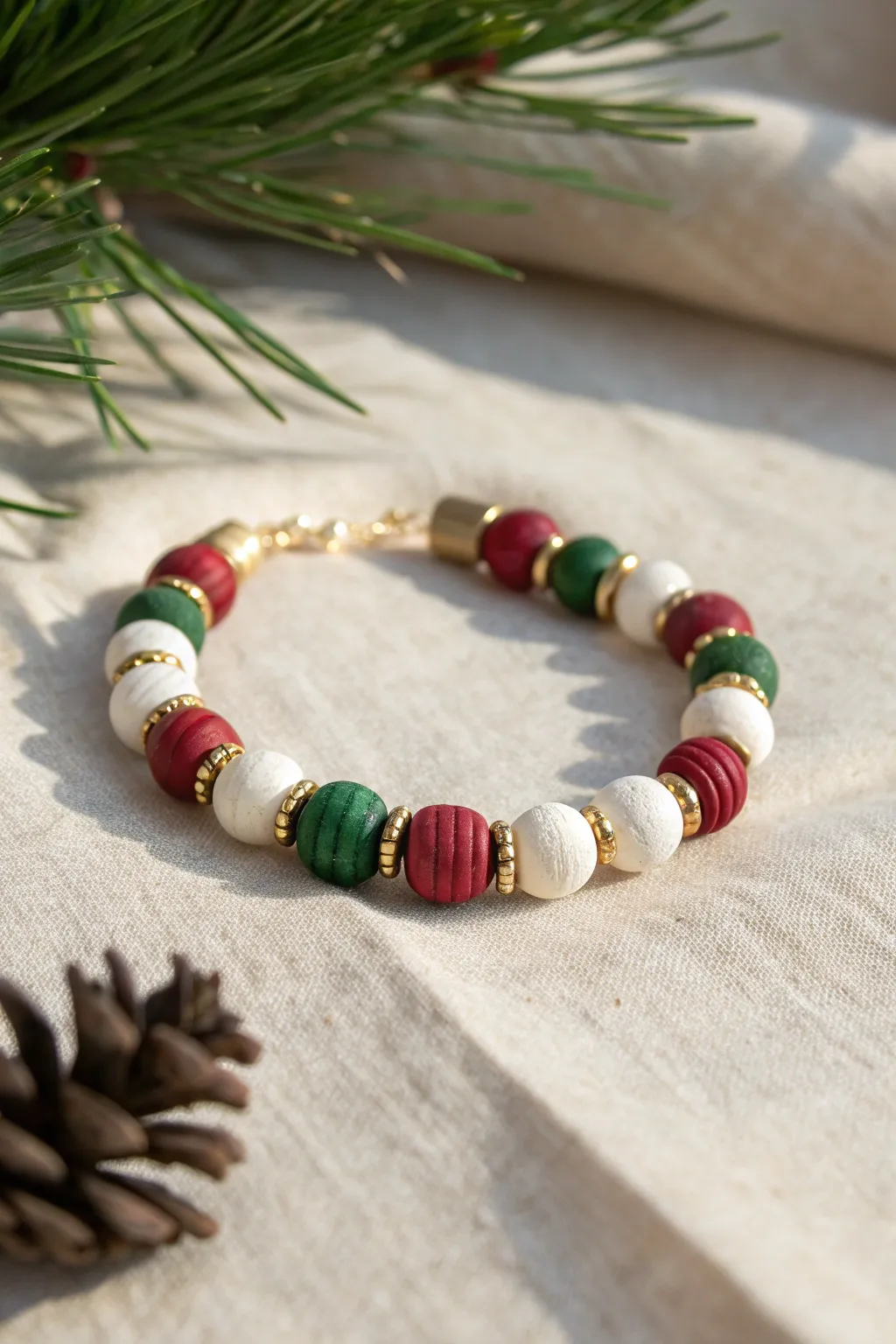 Bold red, green, and white clay disc beads with gold spacers for a simple festive bracelet.
