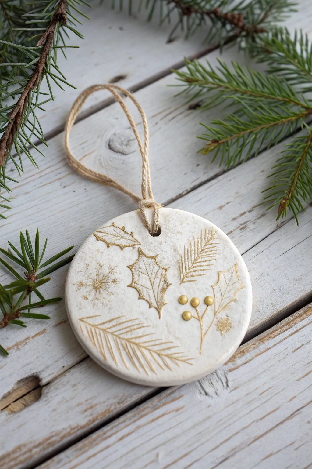 Minimal pine and holly imprint clay ornament, gold brushed grooves, rustic wood backdrop.