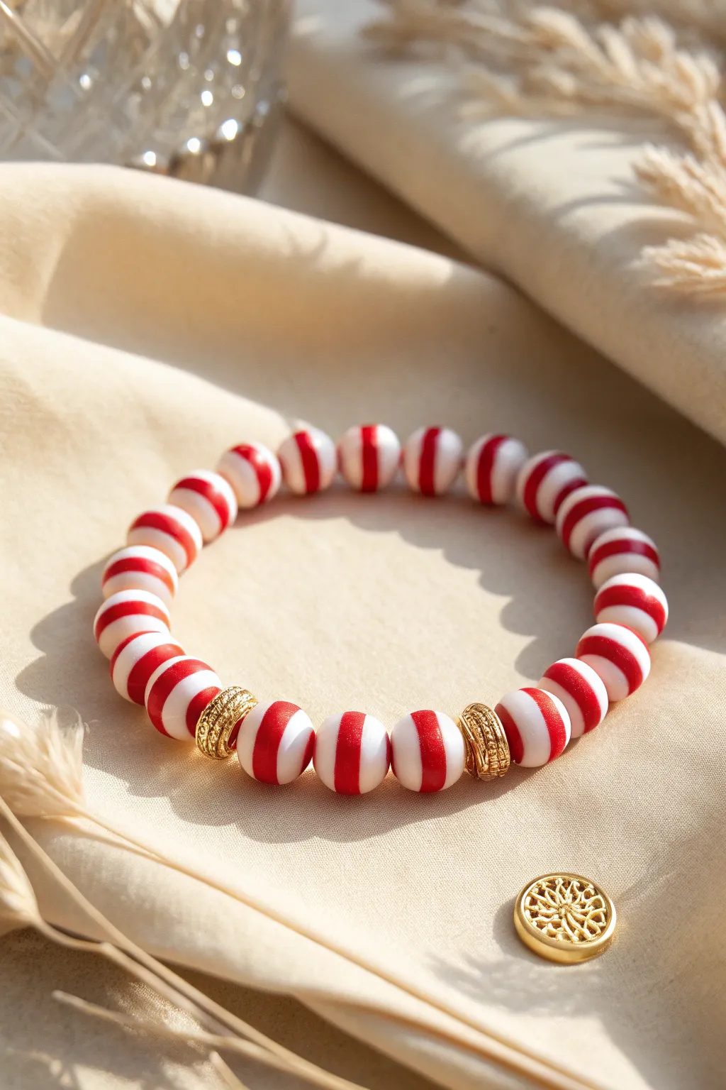 Candy cane clay bead bracelet in clean red and white repeats with a simple gold center spacer.