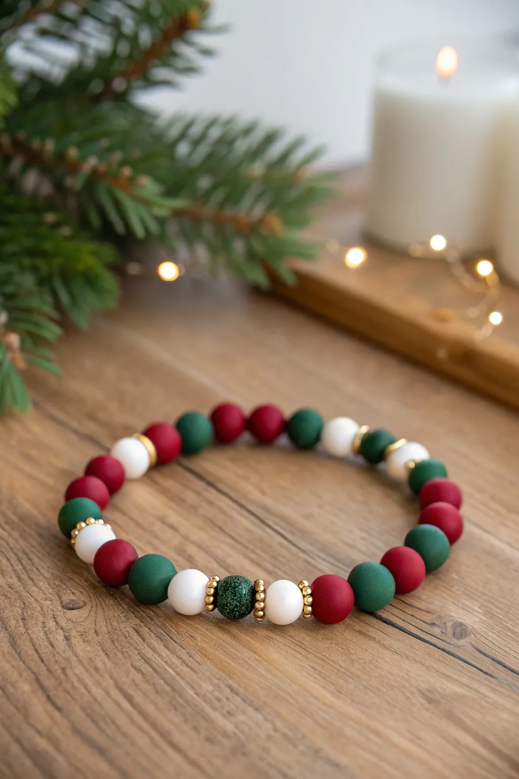 Classic clay Christmas bracelet in red, green, and white, finished with tiny gold spacer beads.