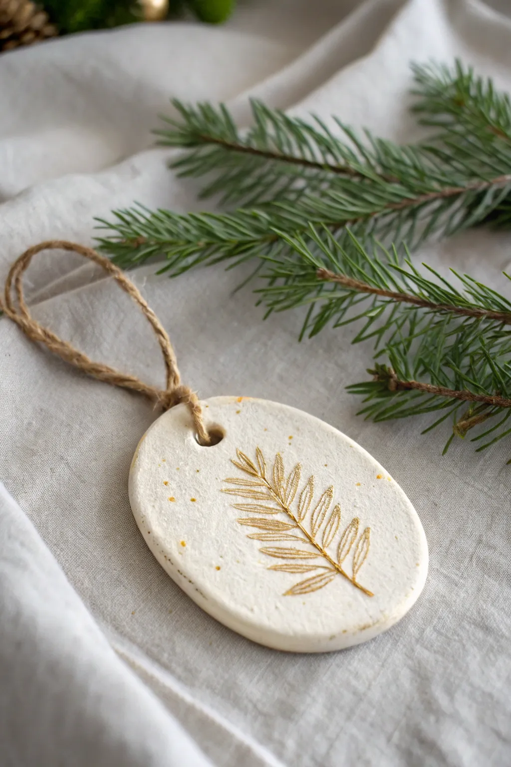 Minimal pine and leaf imprint clay ornament with a touch of gold, calm Scandinavian holiday charm.
