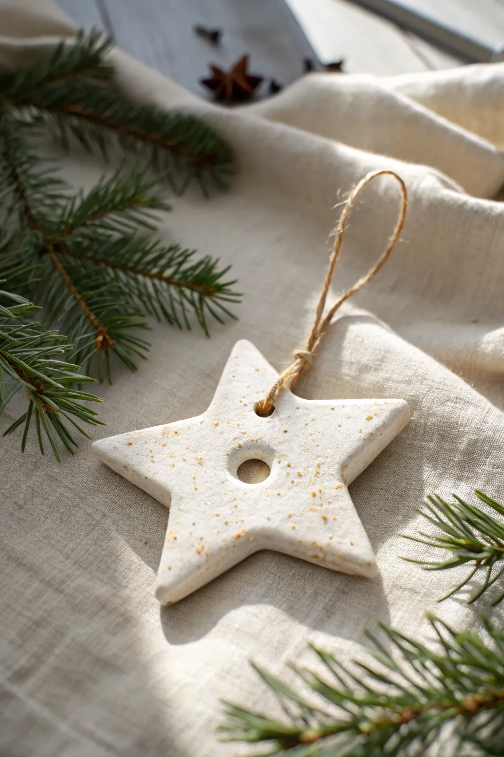 Minimal clay star ornament in snowy white and beige, simple Scandinavian Christmas charm