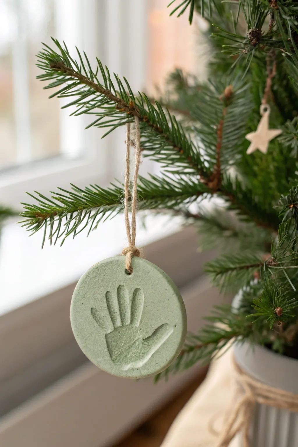 Festive sage handprint ornament on evergreen, a simple Christmas keepsake kids will treasure.
