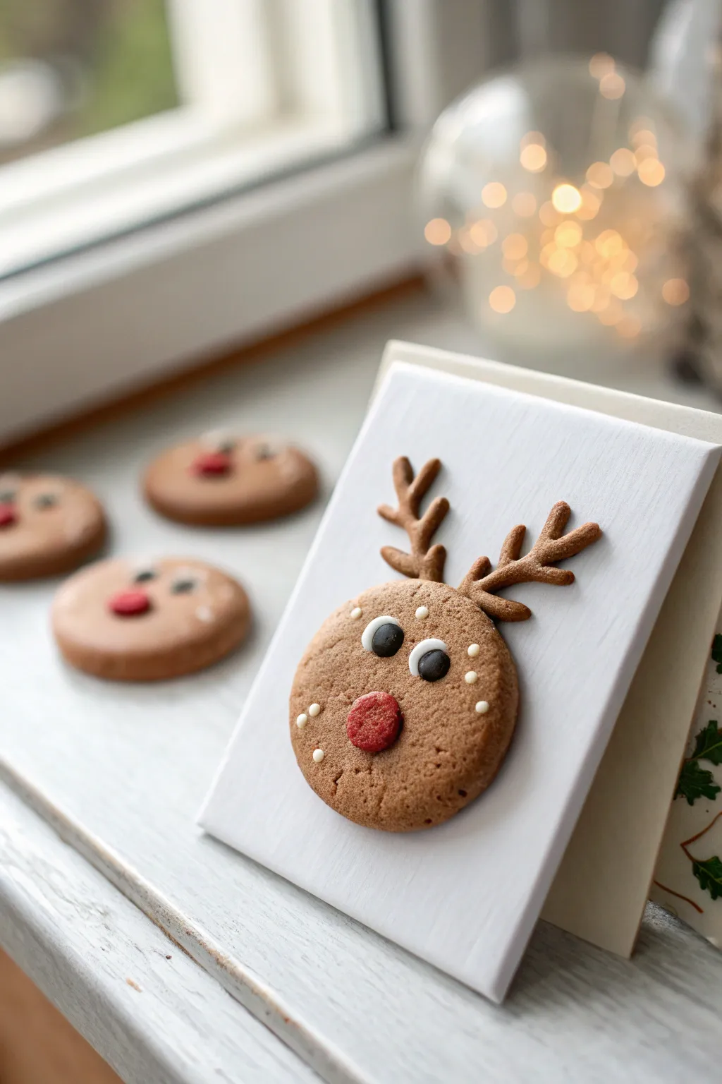 Sweet reindeer face clay magnet with a pop of red, minimal and cozy for Christmas decor.