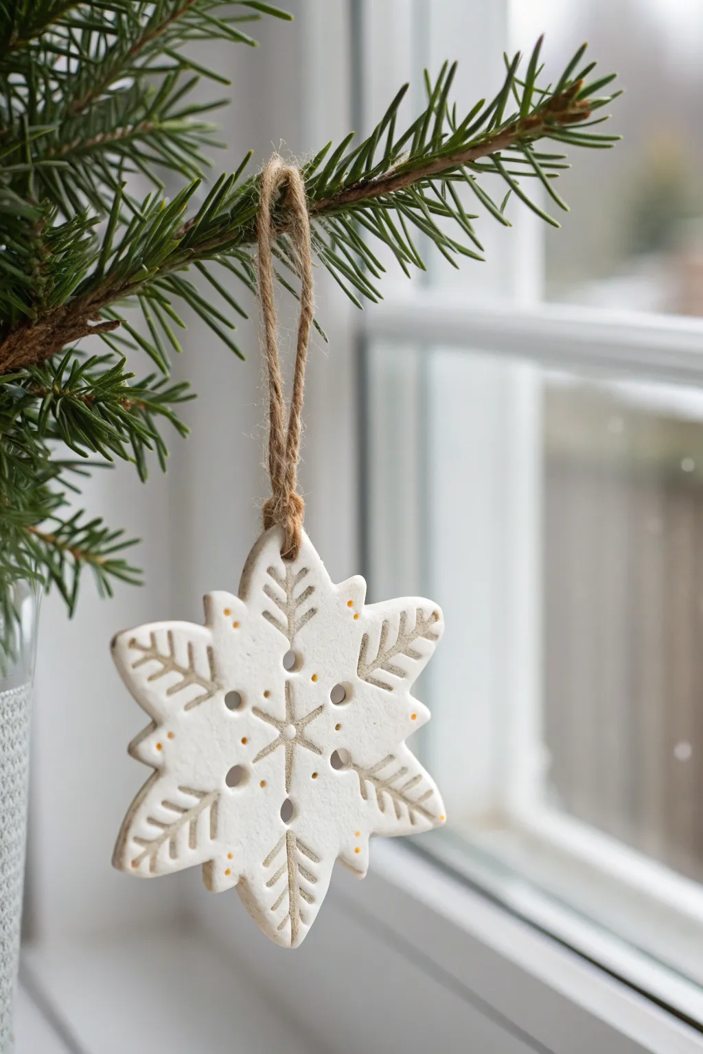 Bright white clay snowflake ornament on evergreen, minimalist Christmas charm with handmade texture.