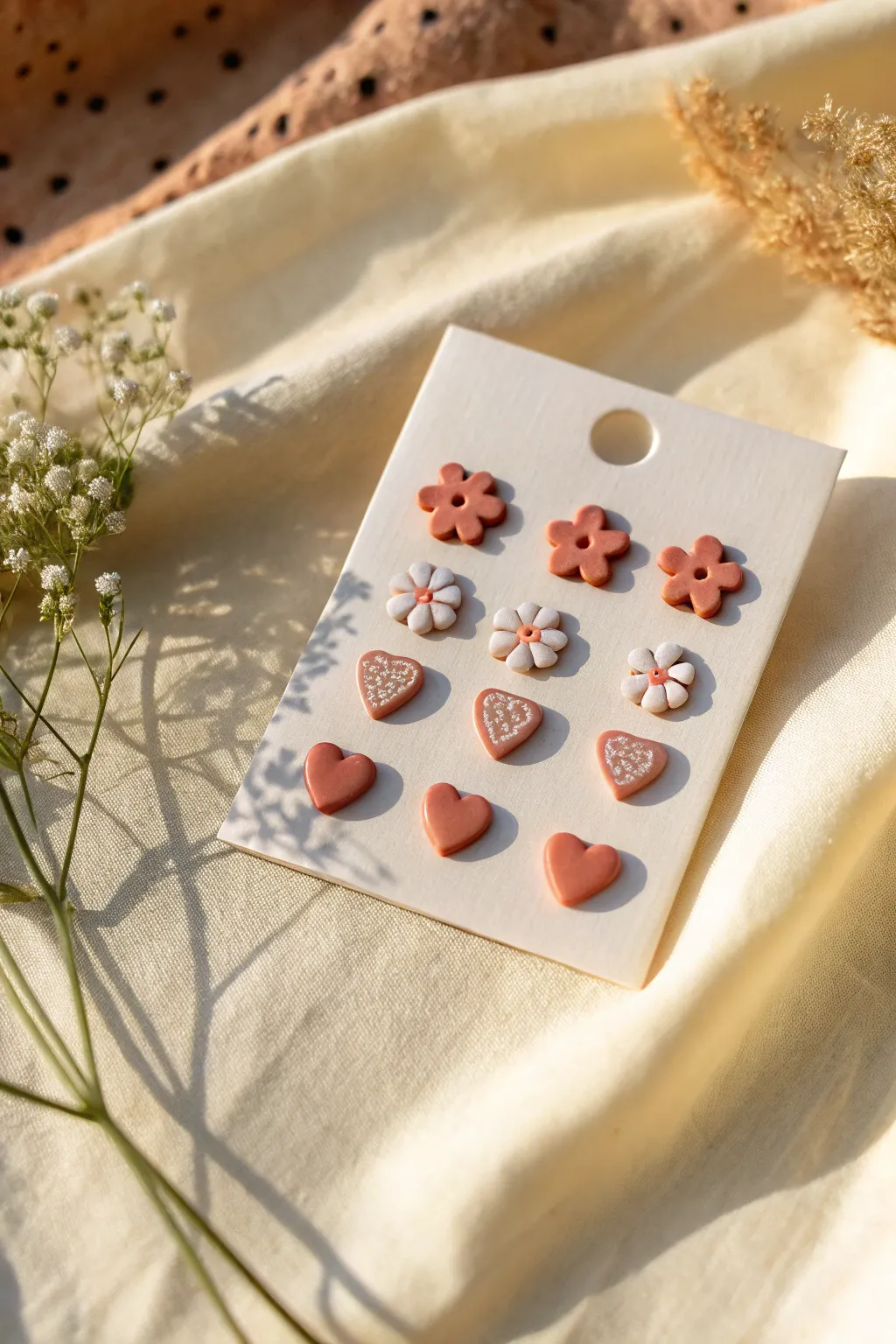 Sweet little glossed clay studs in minimalist shapes, styled as a tiny boho set