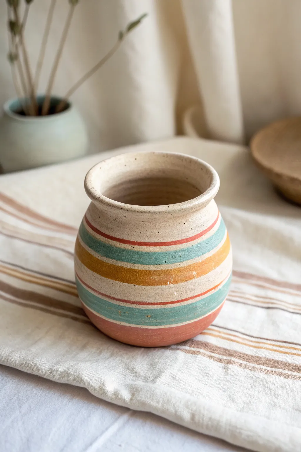 Bright striped coil mini pot with hand-built texture, simple boho charm for clay play.