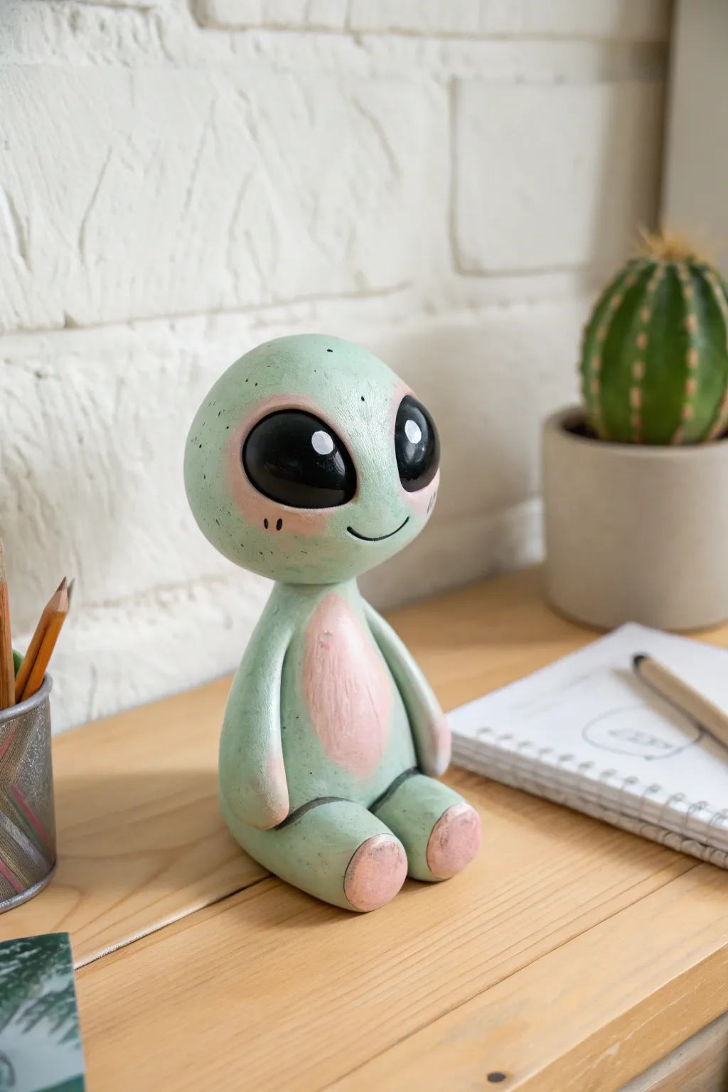 Meet the cute big-eyed clay alien buddy, a pastel desk pal with glossy eyes and sweet smile.