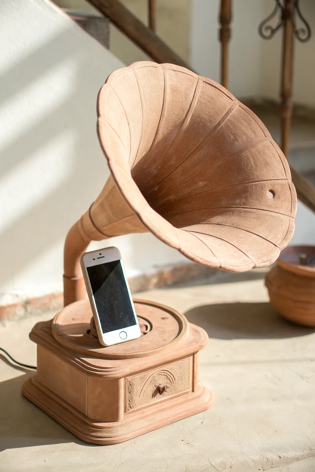 Retro gramophone-style clay phone amplifier with a wide cone flare, minimal form, warm neutral tones