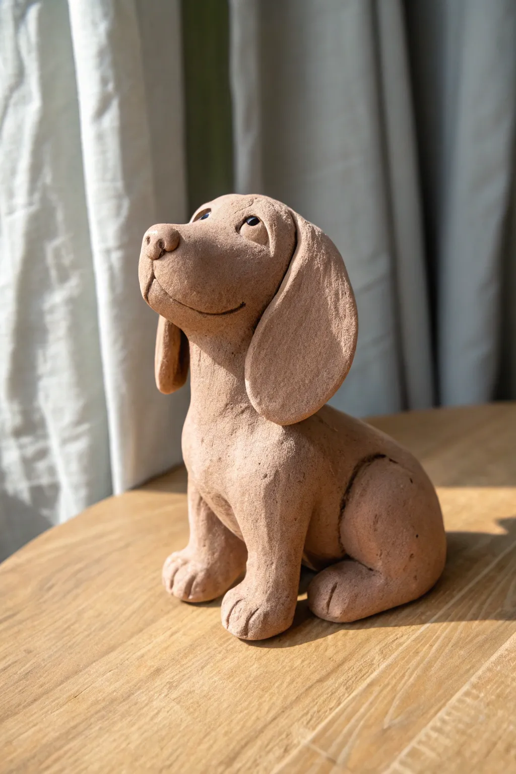 Floppy-eared clay puppy with splayed paws in minimalist boho style, a cute beginner sculpture idea