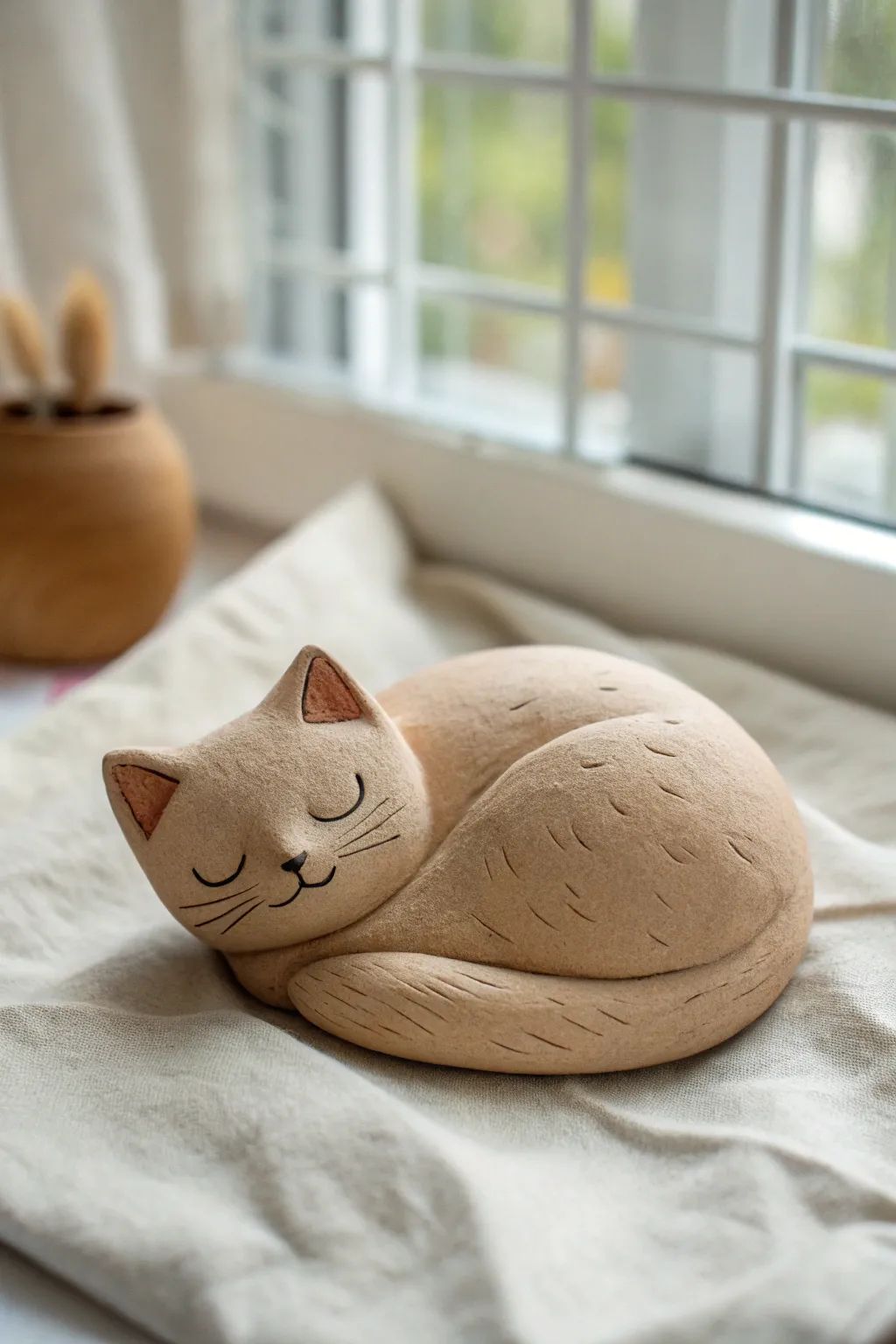 Simple sleeping clay cat with curled tail, minimalist and cozy, perfect for an easy DIY animal idea
