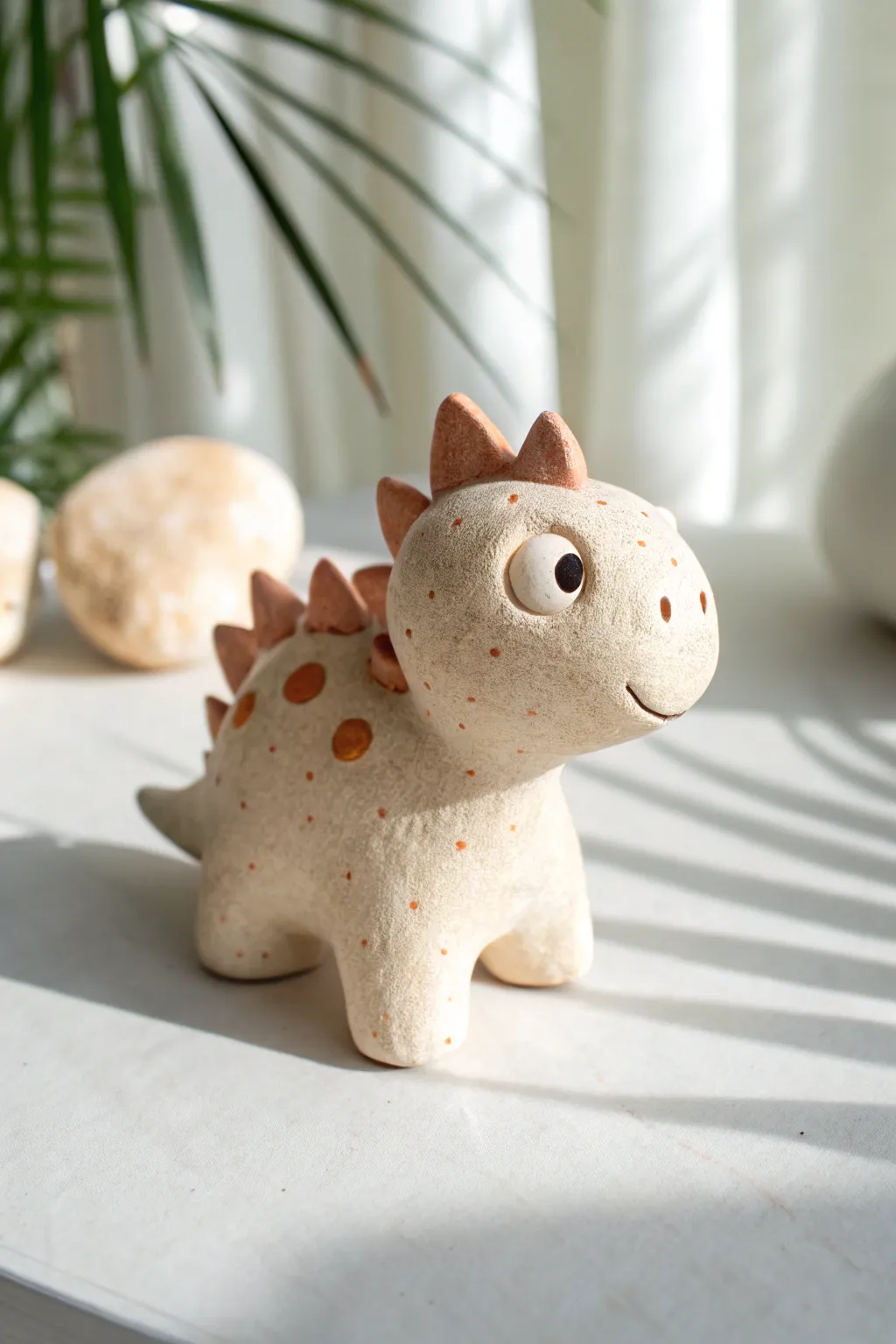 Palm-sized chibi clay dinosaur in soft neutrals, styled in minimalist Scandinavian boho light.