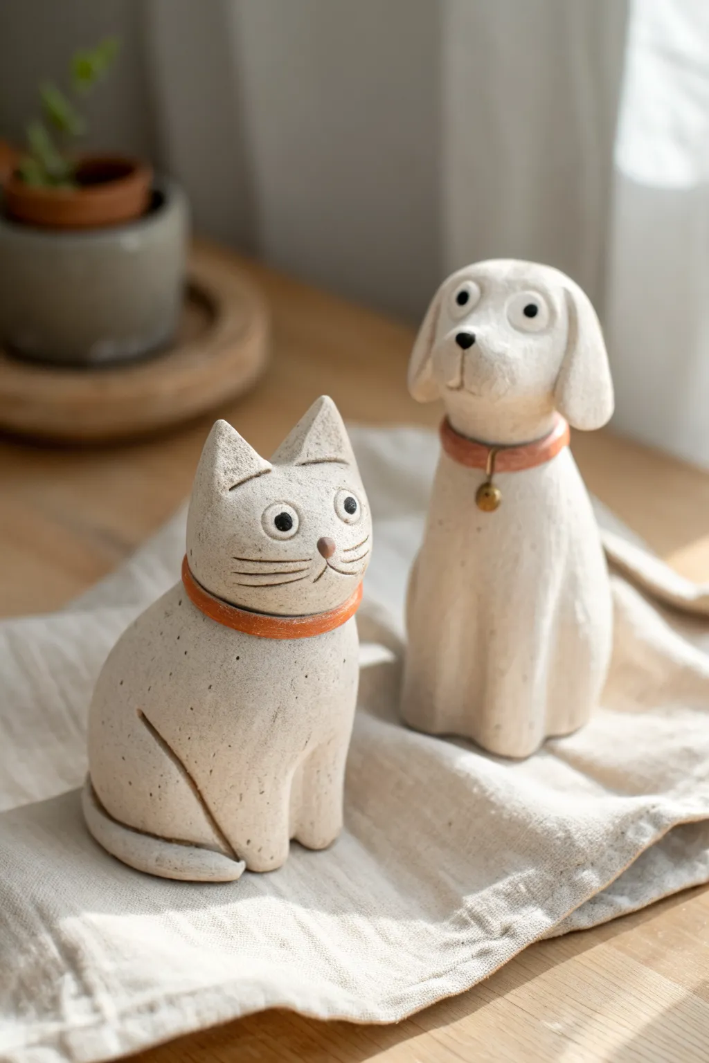 His and hers tiny clay pets with matching collars, a sweet minimalist date-night sculpture idea