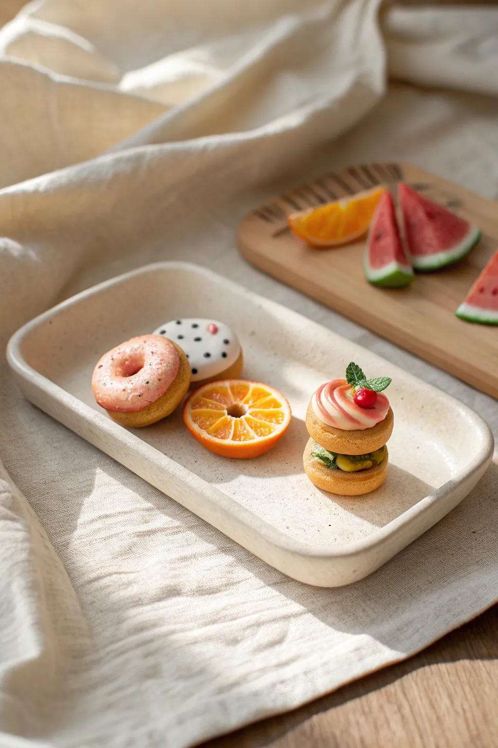 Mini clay dessert tray with donuts, fruit slices, and a tiny burger in bright pastel tones.