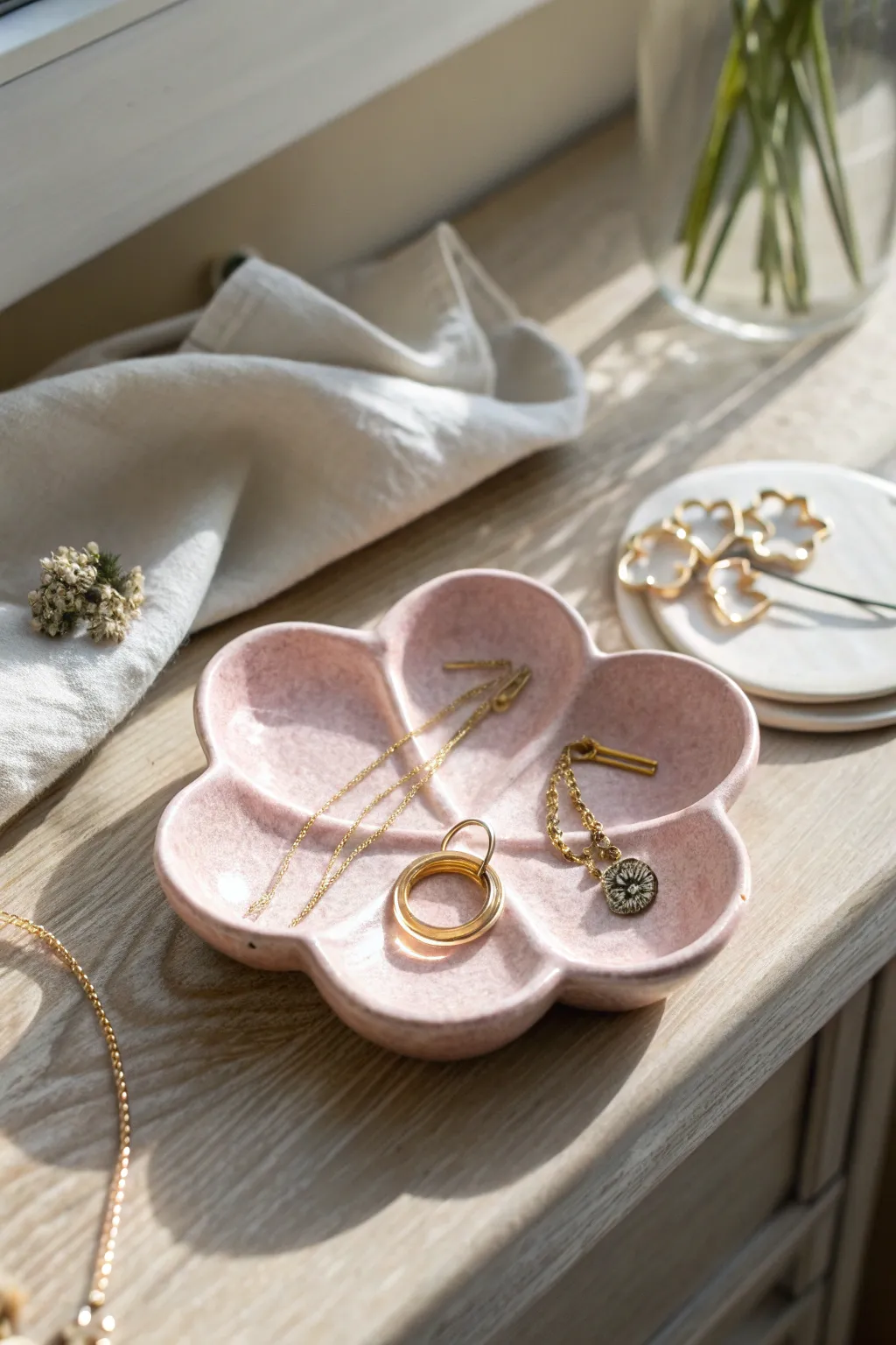 Matte pastel flower tray for jewelry, styled simply for a cozy minimalist vanity moment.