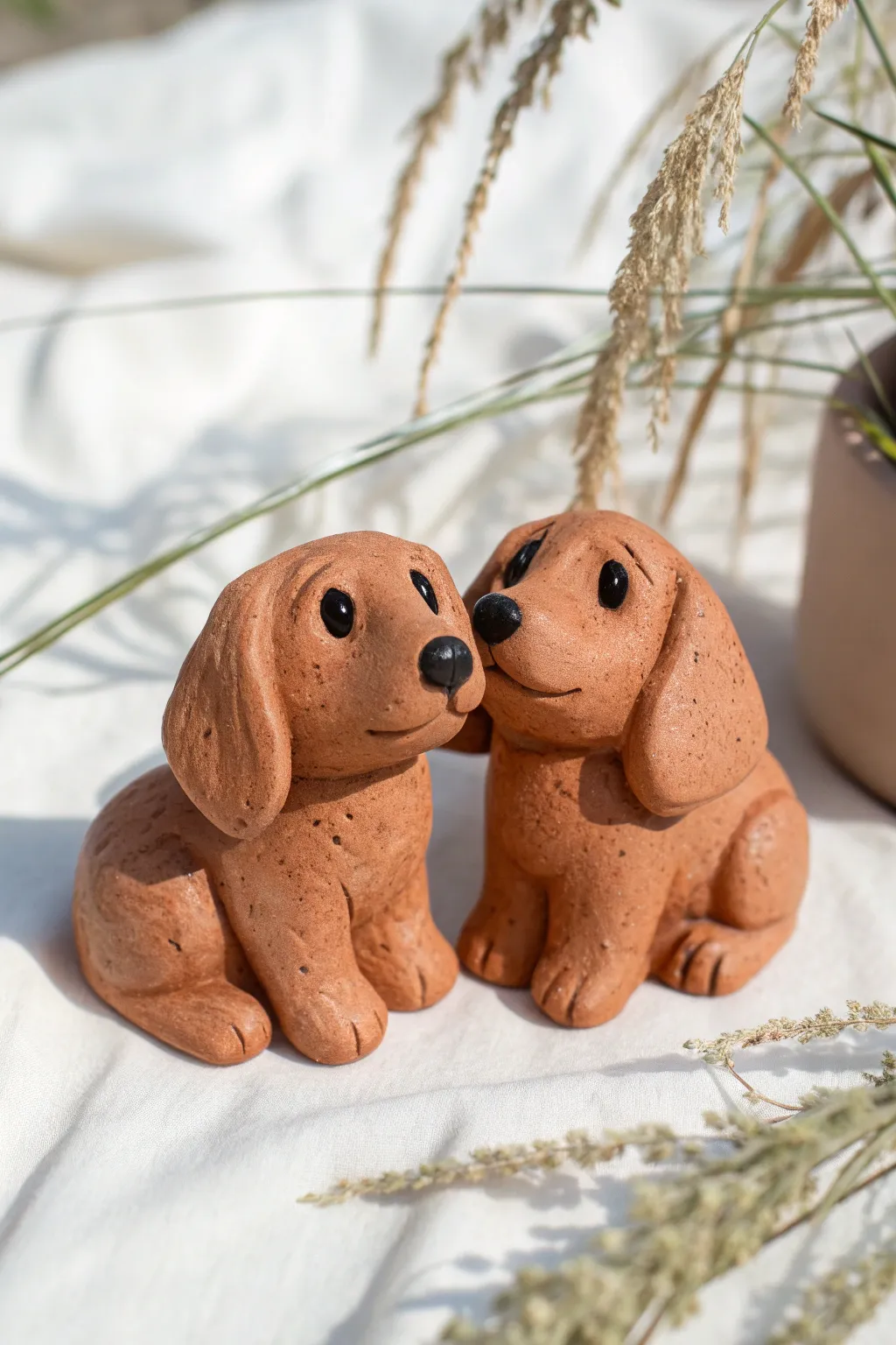 Two tiny clay puppy pocket pals with floppy ears, minimalist boho charm for easy animal clay art.