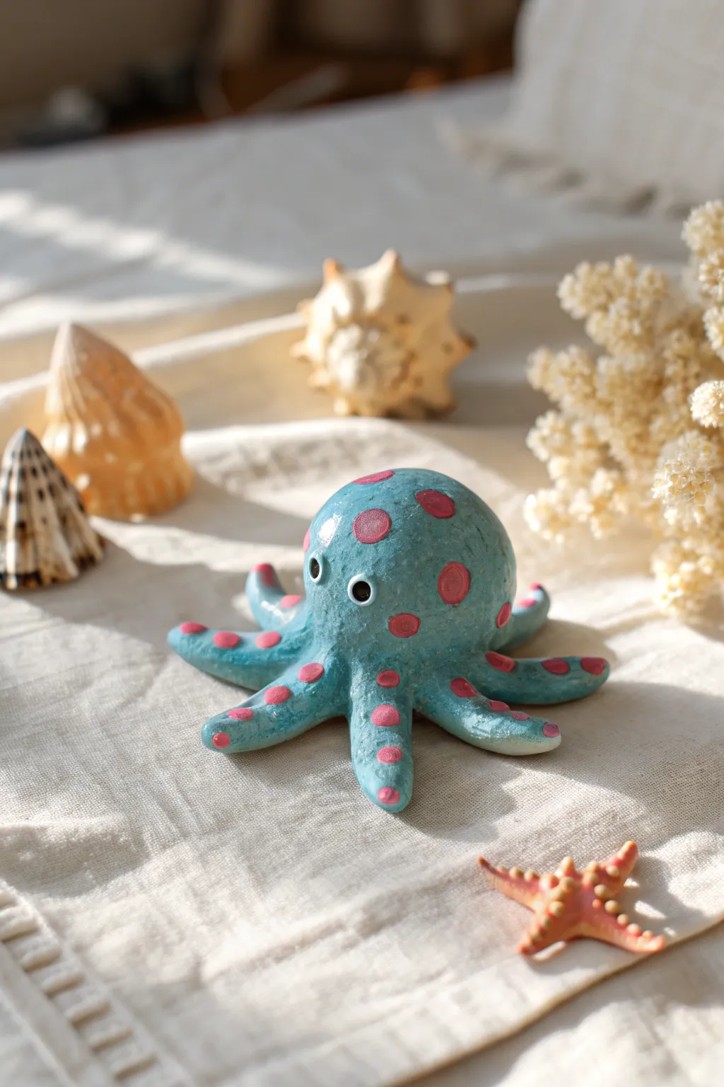 Chubby clay octopus in ocean blues and coral, a simple sea creature miniature idea