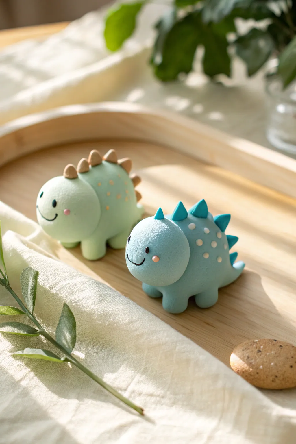 Tiny mint and baby-blue smiling dino pals with soft spikes, minimalist and irresistibly cute.