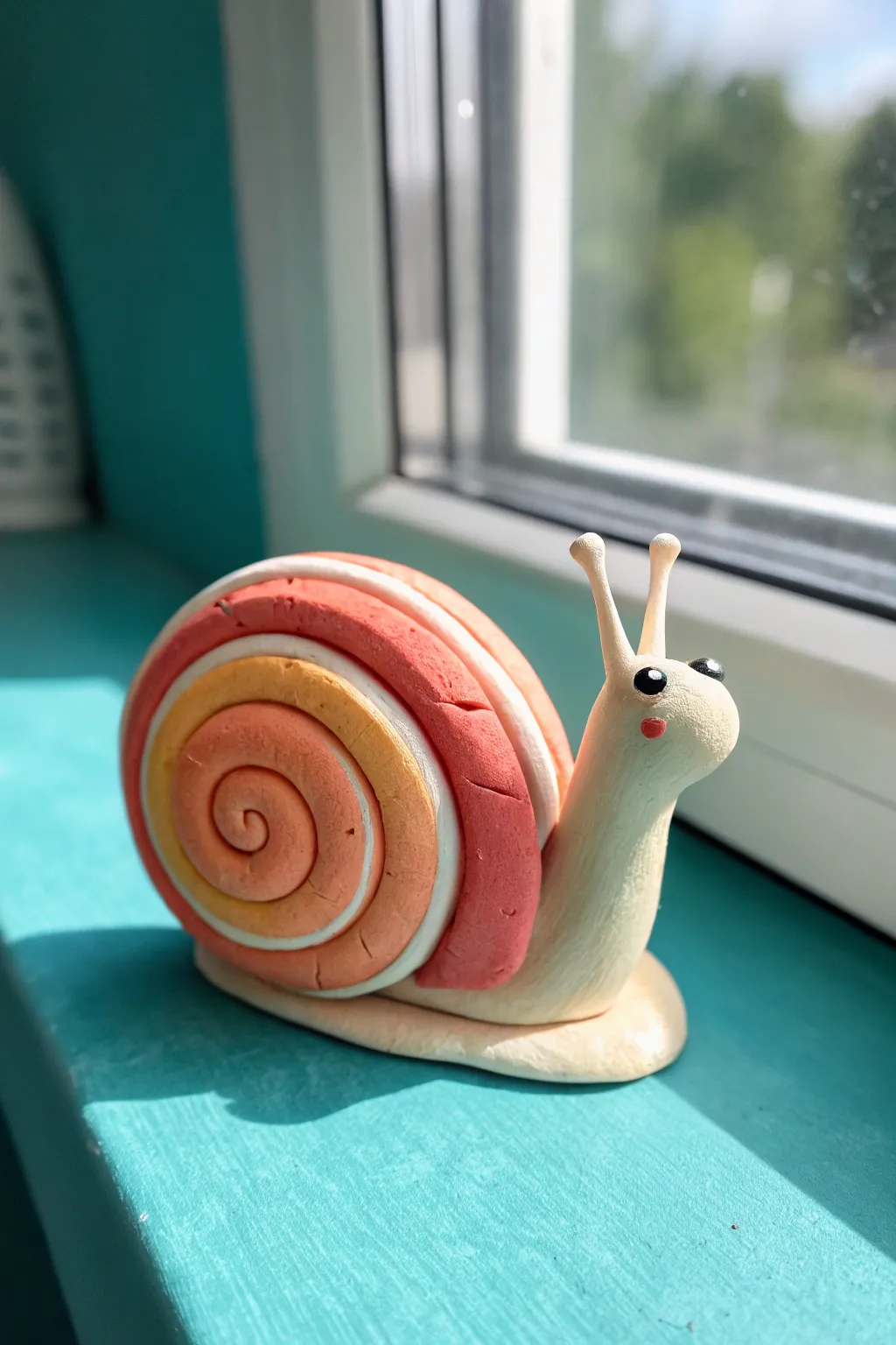 Easy coil clay spiral snail with dot eyes, perfect kid-friendly pottery idea with bold contrast.