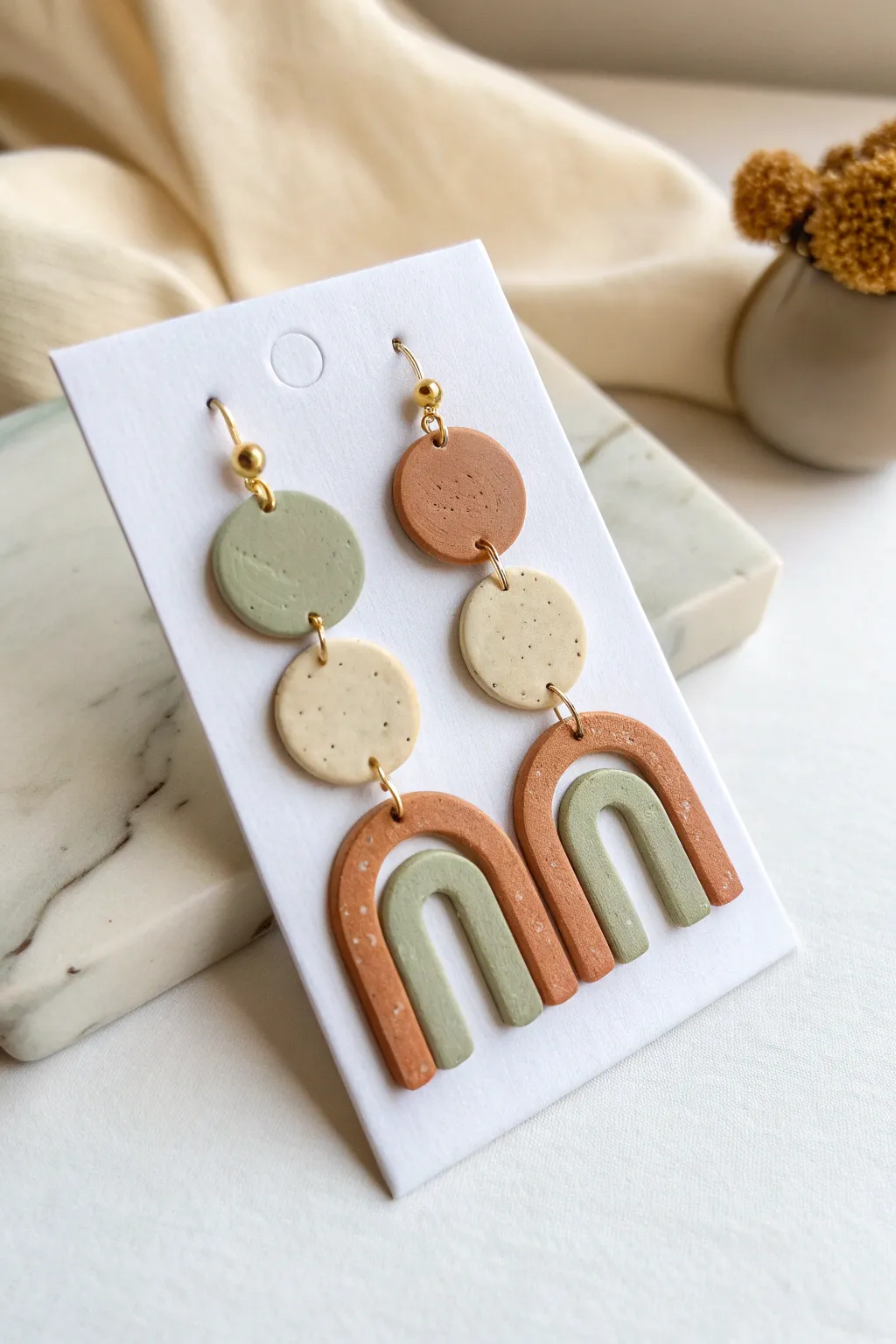 Modern polymer clay statement earrings in sage, terracotta and cream with a subtle gold dot.