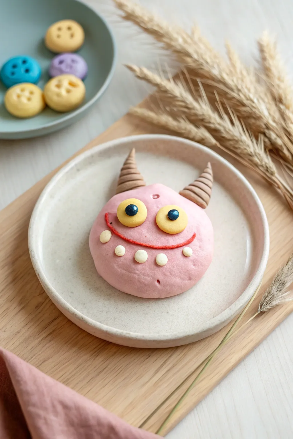 Silly play dough monster face for kids with bright pastels, simple textures, and cozy minimal styling