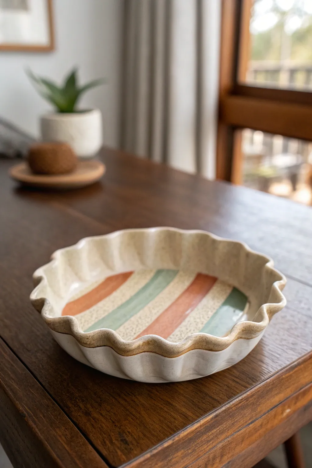 Wavy-edged clay trinket tray with simple color-block stripes, minimal, feminine, and softly boho.