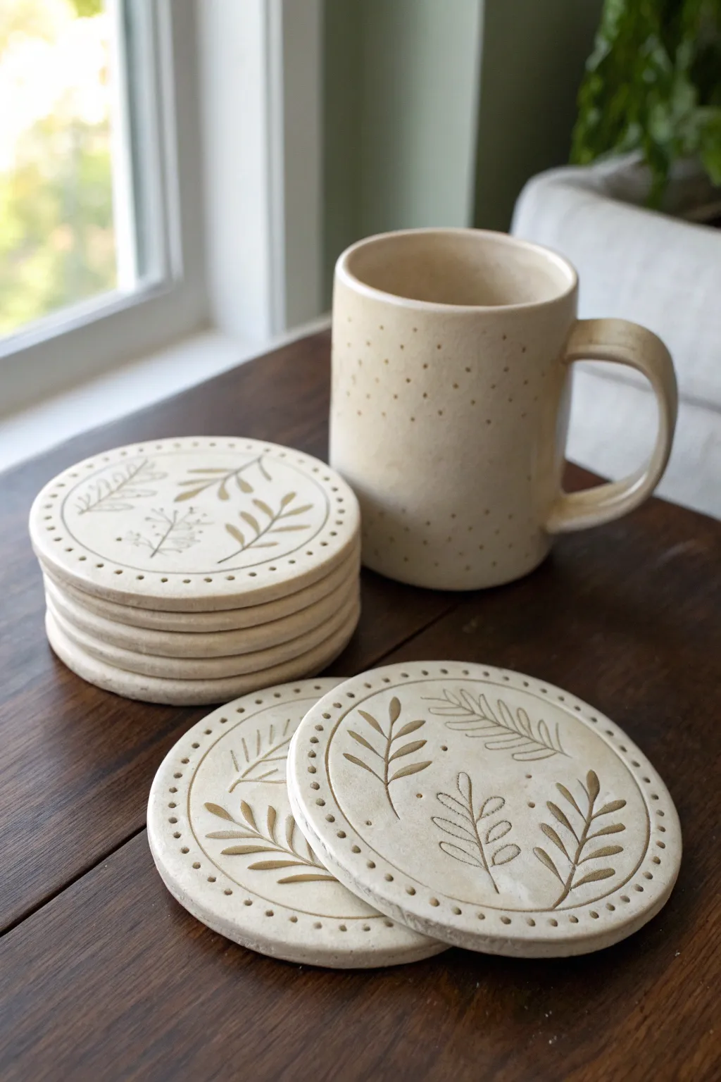 Minimal stamped clay coasters with boho patterns, styled beside a warm mug on natural wood.