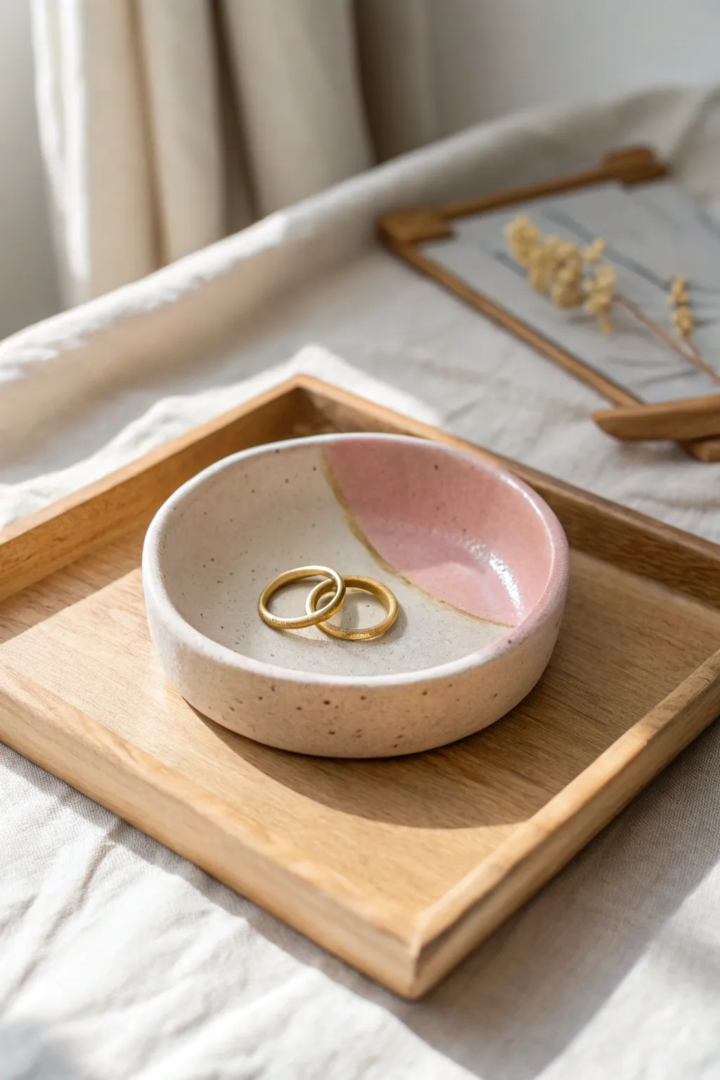 Minimal color-blocked trinket dish in soft tones, styled with a couple of rings for scale.