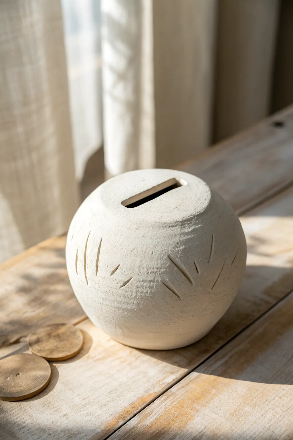 Simple pinch-pot coin bank with a clean slot and matte finish, calm minimalist styling.
