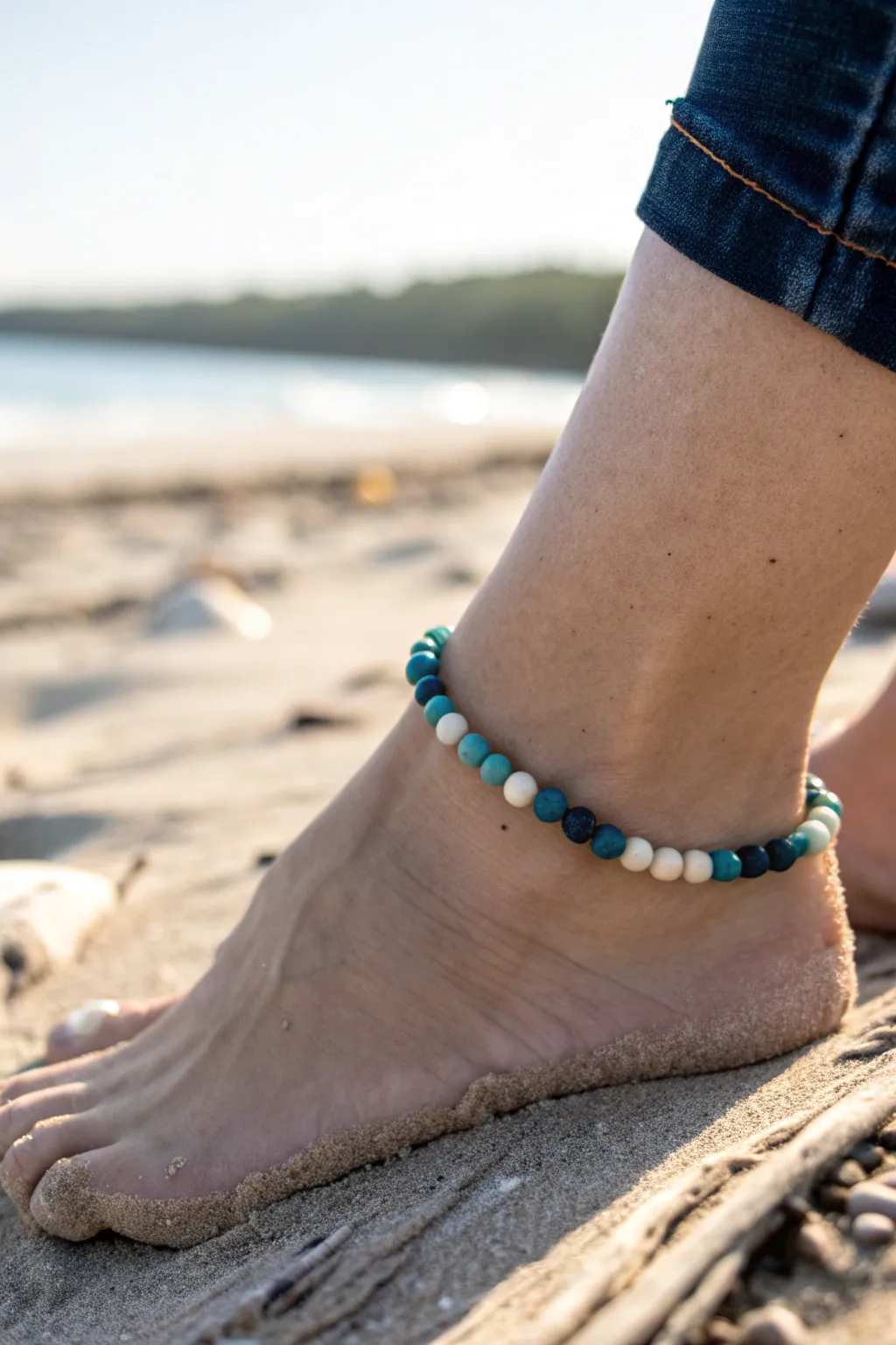 Ocean blue clay bead anklet with a navy to aqua gradient, simple, beachy, and handmade