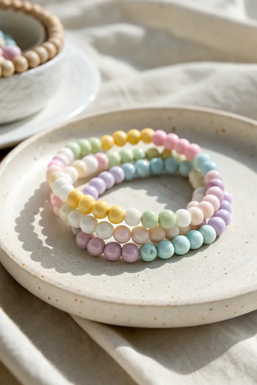 Soft pastel rainbow clay bead bracelet stack with airy whites for a sweet minimalist boho look
