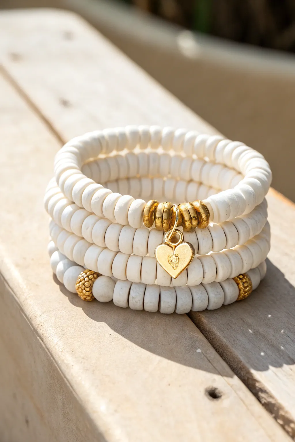 White clay disc bead bracelet bundle with gold spacers and a heart charm for chic minimal style