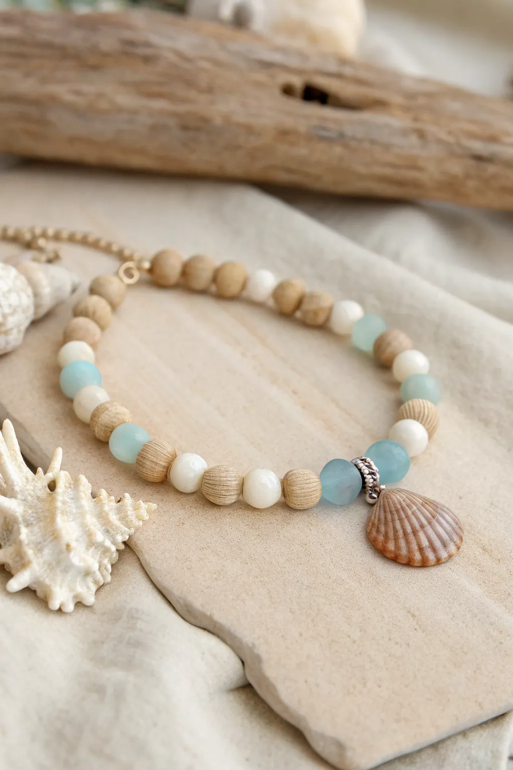 Beachy clay bead bracelet in sandy neutrals and sea-glass blue with a simple shell charm