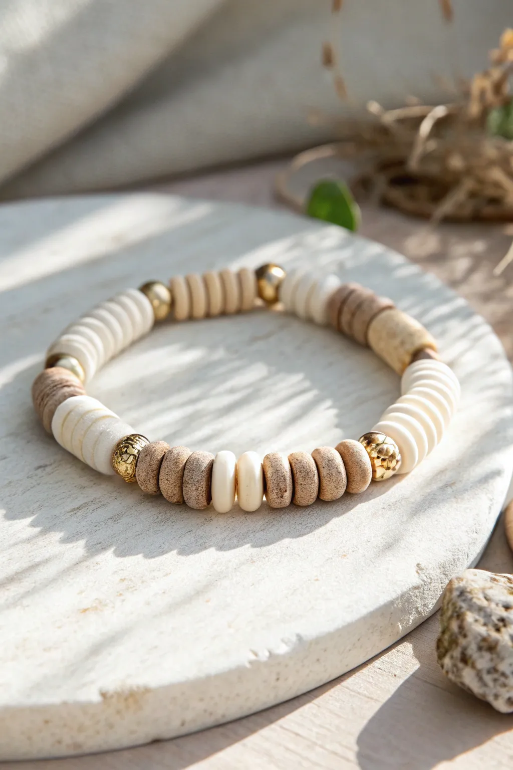 Minimal clay disc bead bracelet in creamy neutrals, simple, warm, and effortlessly boho.