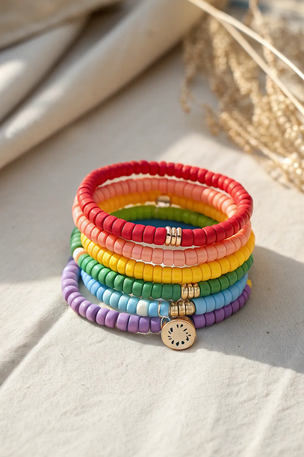 Bold rainbow clay heishi stack for summer vibes, minimalist boho and effortlessly bright.