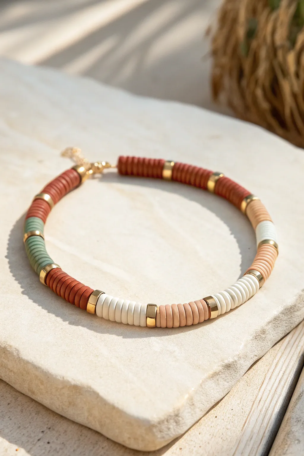 Clean color-block heishi bracelet in earthy tones, minimalist boho style with crisp contrast