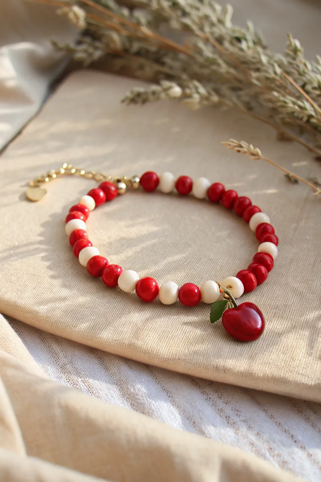 A teacher classic: red and white clay discs with a sweet apple charm and simple gold accents.