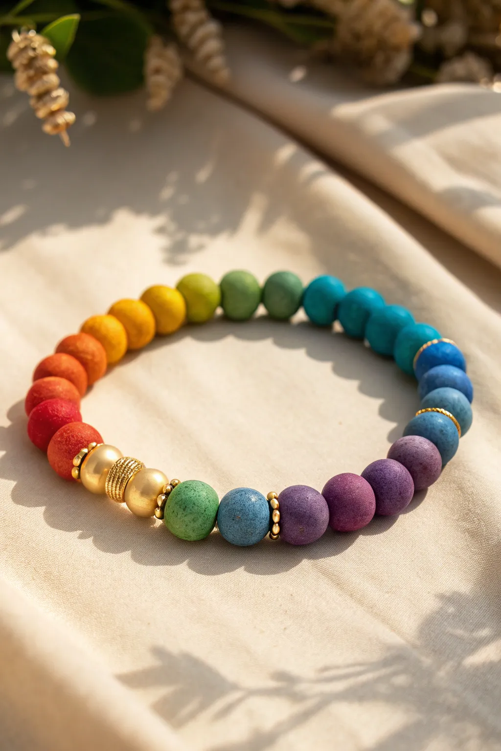 Full-spectrum rainbow clay bead bracelet in bold colors only, clean minimalist flat lay