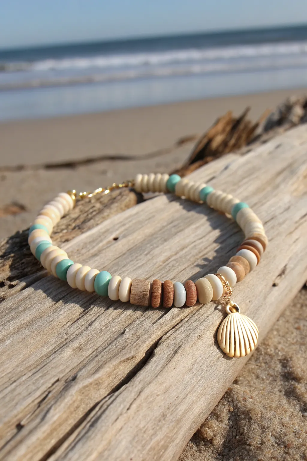 Neutral sand and sea clay disc bracelet with soft aqua accents, styled on driftwood