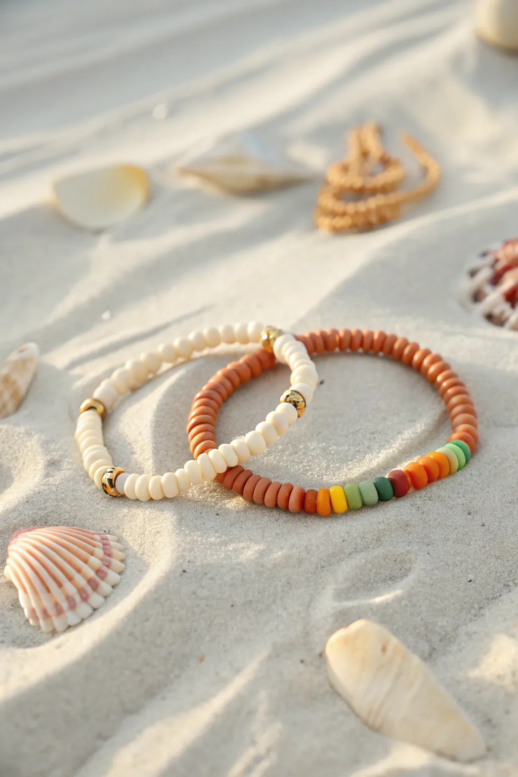 Rainbow heishi gradient bracelet with soft neutrals, perfect for effortless summer beach vibes.