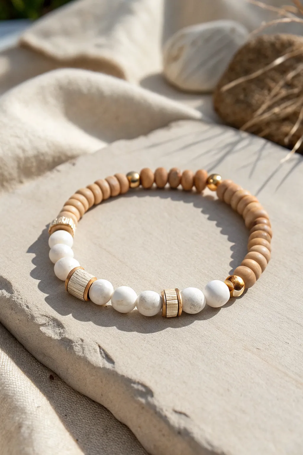 Neutral heishi clay bracelet with one bold center charm and subtle gold spacers, soft and minimal.