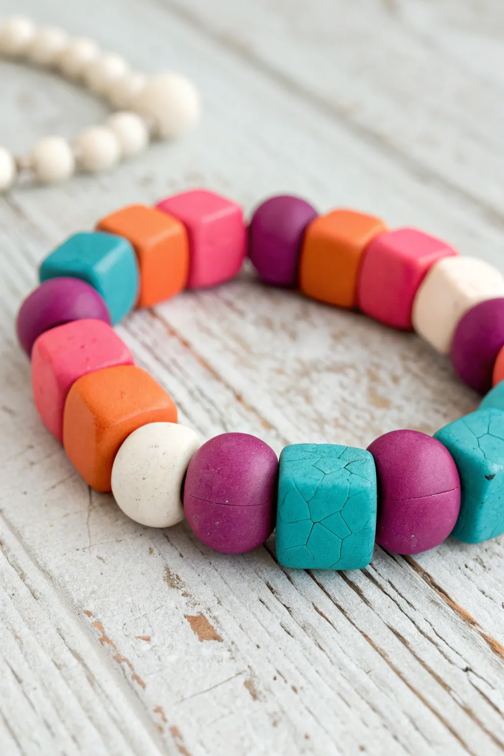 Bold color-block clay bead bracelet in hot pink, orange, teal, and purple—no neutrals.