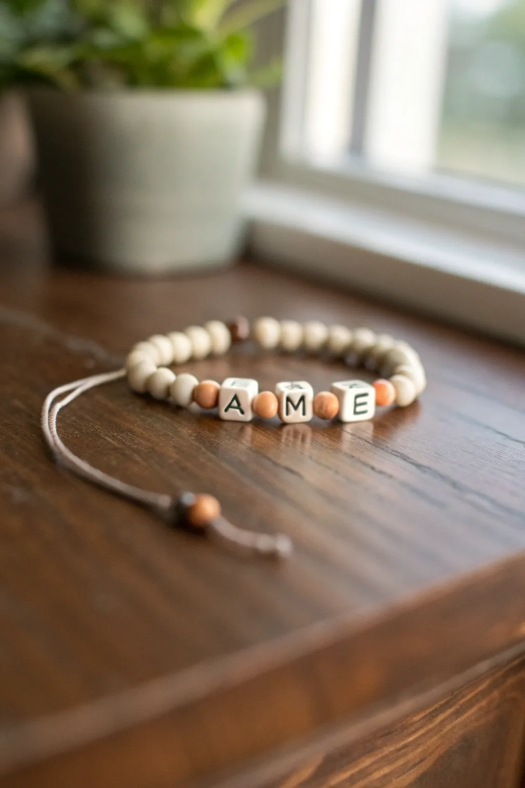 Minimal clay bead bracelet with simple monogram center, neutral tones, cozy studio vibe