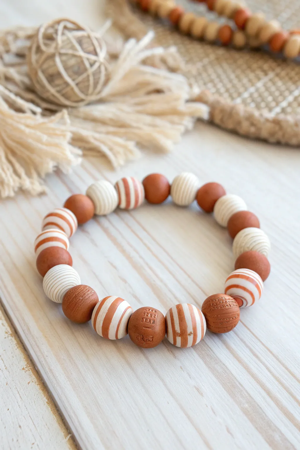 Crisp two-color ABAB clay bead bracelet stripes, minimalist and warm on light wood