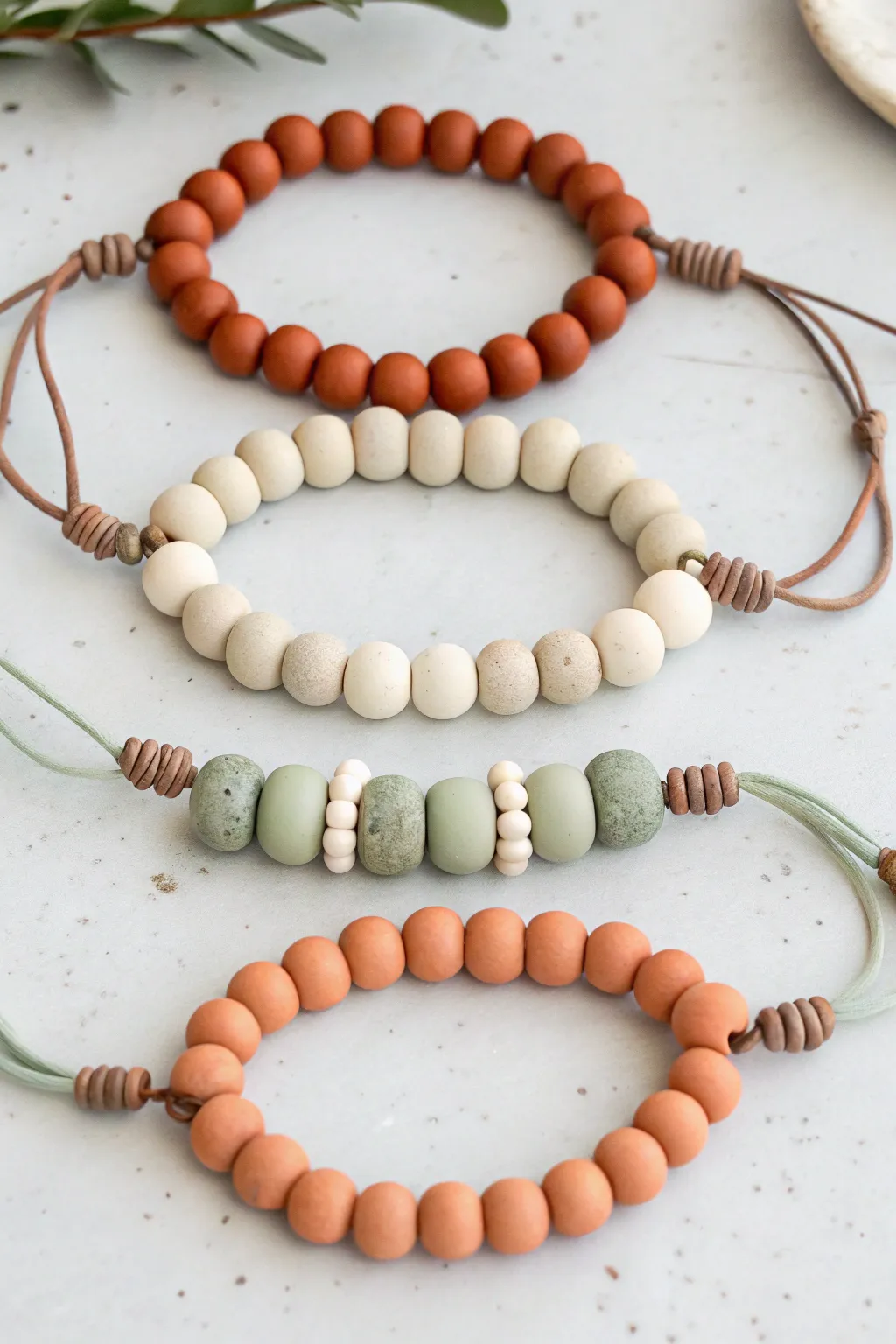 Two-color clay bead bracelet set with bold blocks plus one calm neutral for minimalist boho balance