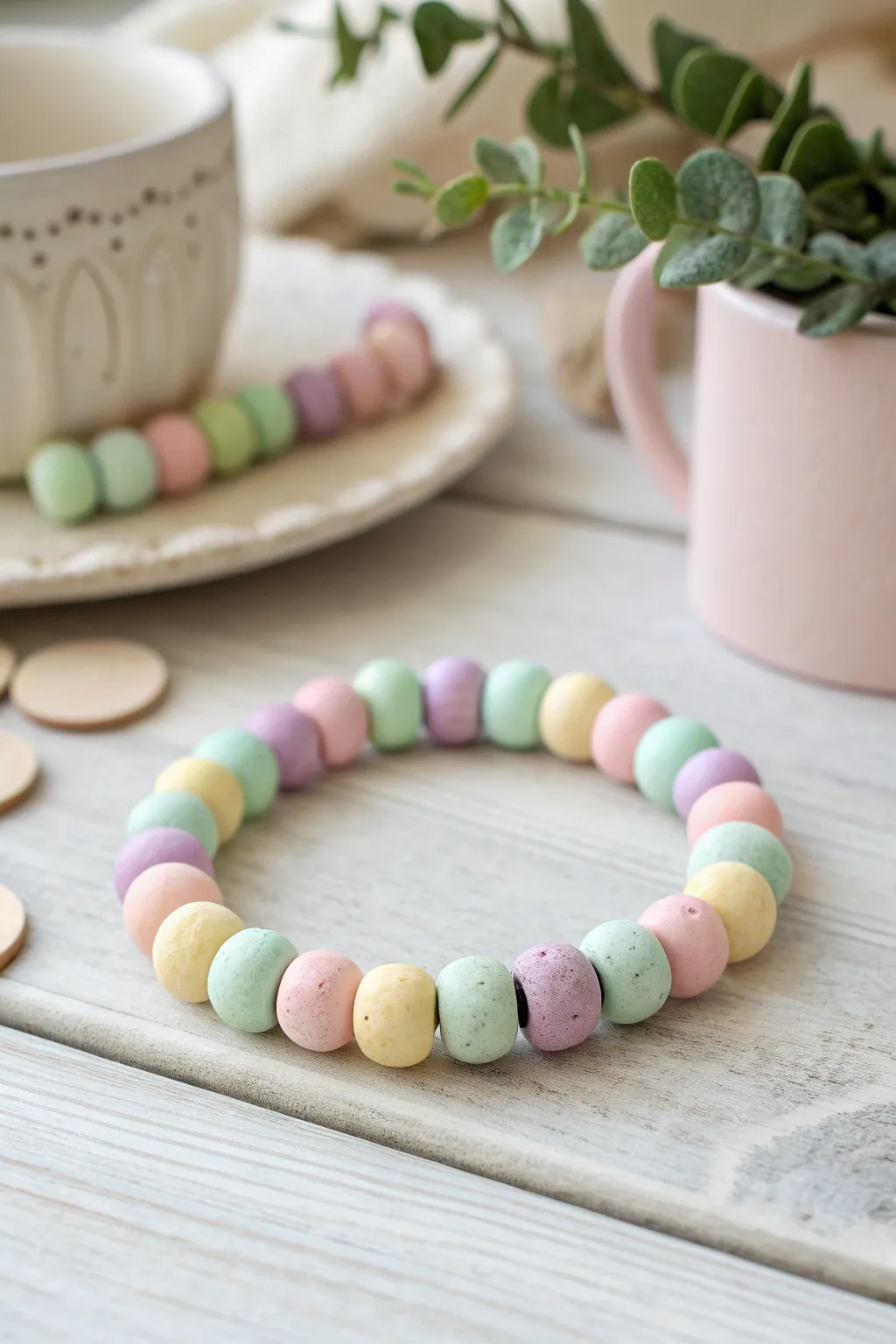 Pastel color-block clay bead bracelet for an easy, modern stack with soft Scandinavian vibes.