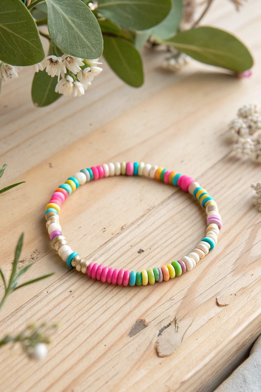 A joyful confetti clay heishi bracelet for an easy, colorful stack that brightens every day.